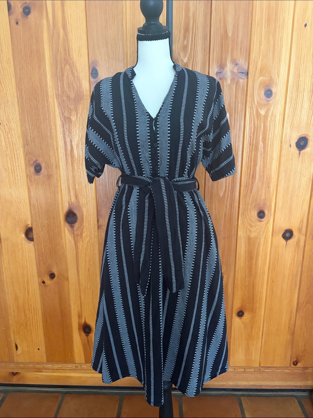 Lush Black Gray Striped Cotton Midi Dress Tie Waist Size Small - Picture 2 of 8